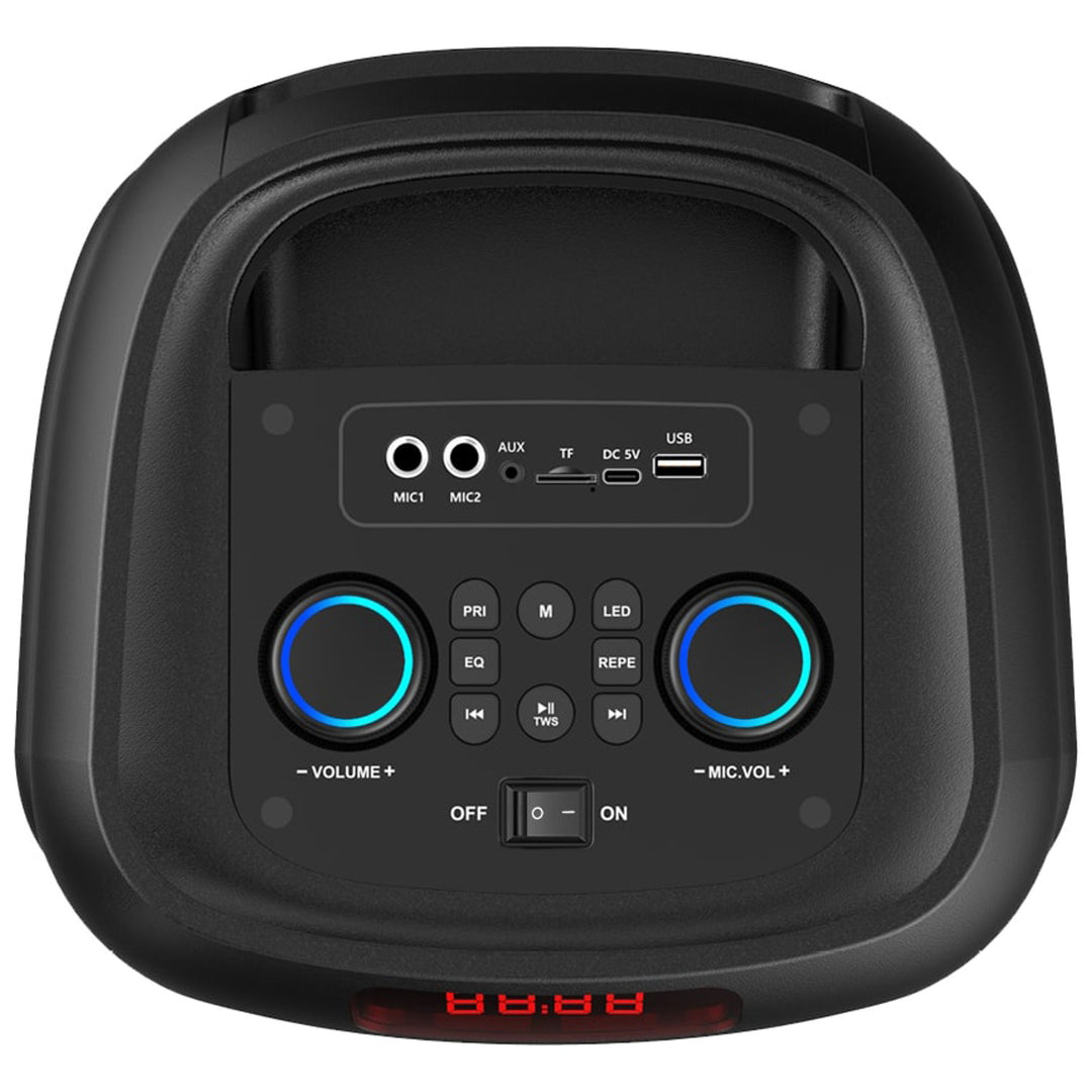 Grote Bluetooth-luidspreker, 120 W RMS/1400 W PMPO, twee 8"-luidsprekers, equalizer, karaokefunctie, MP3/microSD-kaarten, USB, AUX, BT 5.3+EDR, display, LED, ingebouwde accu, afstandsbediening, MT3185