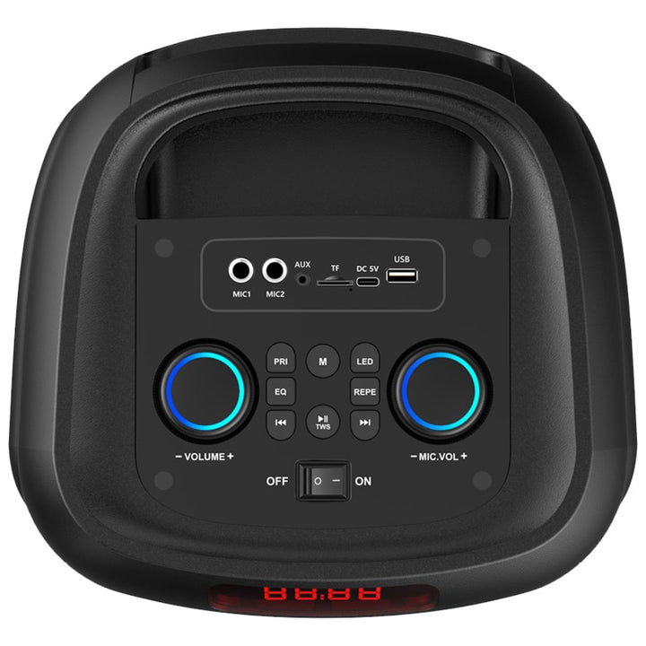 Grote Bluetooth-luidspreker, 120 W RMS/1400 W PMPO, twee 8"-luidsprekers, equalizer, karaokefunctie, MP3/microSD-kaarten, USB, AUX, BT 5.3+EDR, display, LED, ingebouwde accu, afstandsbediening, MT3185