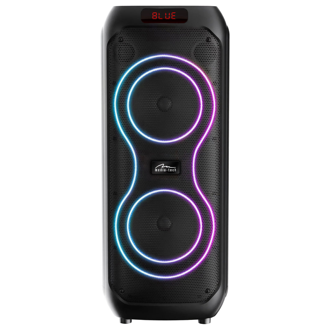 Grote Bluetooth-luidspreker, 120 W RMS/1400 W PMPO, twee 8"-luidsprekers, equalizer, karaokefunctie, MP3/microSD-kaarten, USB, AUX, BT 5.3+EDR, display, LED, ingebouwde accu, afstandsbediening, MT3185