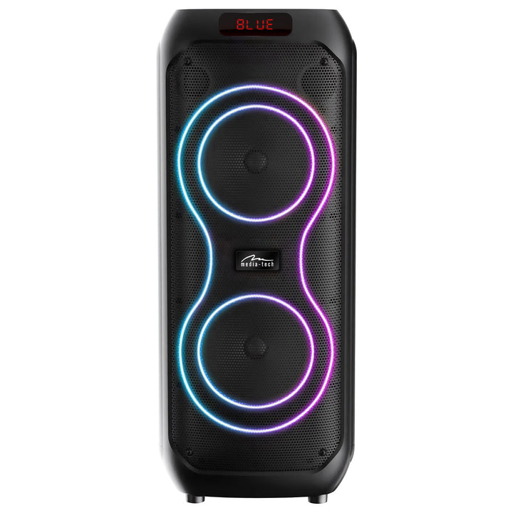 Grote Bluetooth-luidspreker, 120 W RMS/1400 W PMPO, twee 8"-luidsprekers, equalizer, karaokefunctie, MP3/microSD-kaarten, USB, AUX, BT 5.3+EDR, display, LED, ingebouwde accu, afstandsbediening, MT3185