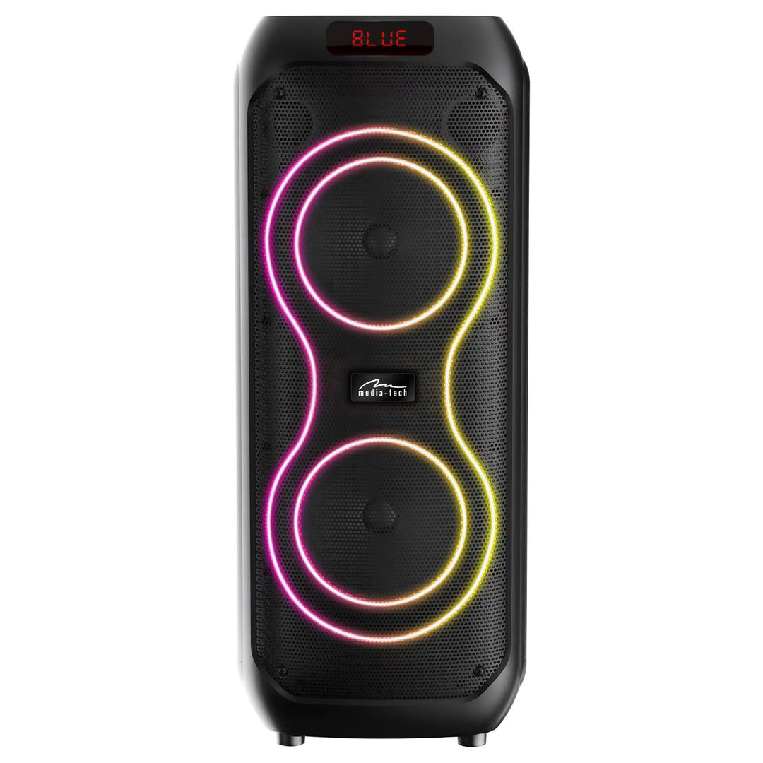 Grote Bluetooth-luidspreker, 120 W RMS/1400 W PMPO, twee 8"-luidsprekers, equalizer, karaokefunctie, MP3/microSD-kaarten, USB, AUX, BT 5.3+EDR, display, LED, ingebouwde accu, afstandsbediening, MT3185
