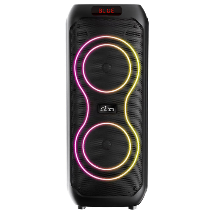 Grote Bluetooth-luidspreker, 120 W RMS/1400 W PMPO, twee 8"-luidsprekers, equalizer, karaokefunctie, MP3/microSD-kaarten, USB, AUX, BT 5.3+EDR, display, LED, ingebouwde accu, afstandsbediening, MT3185