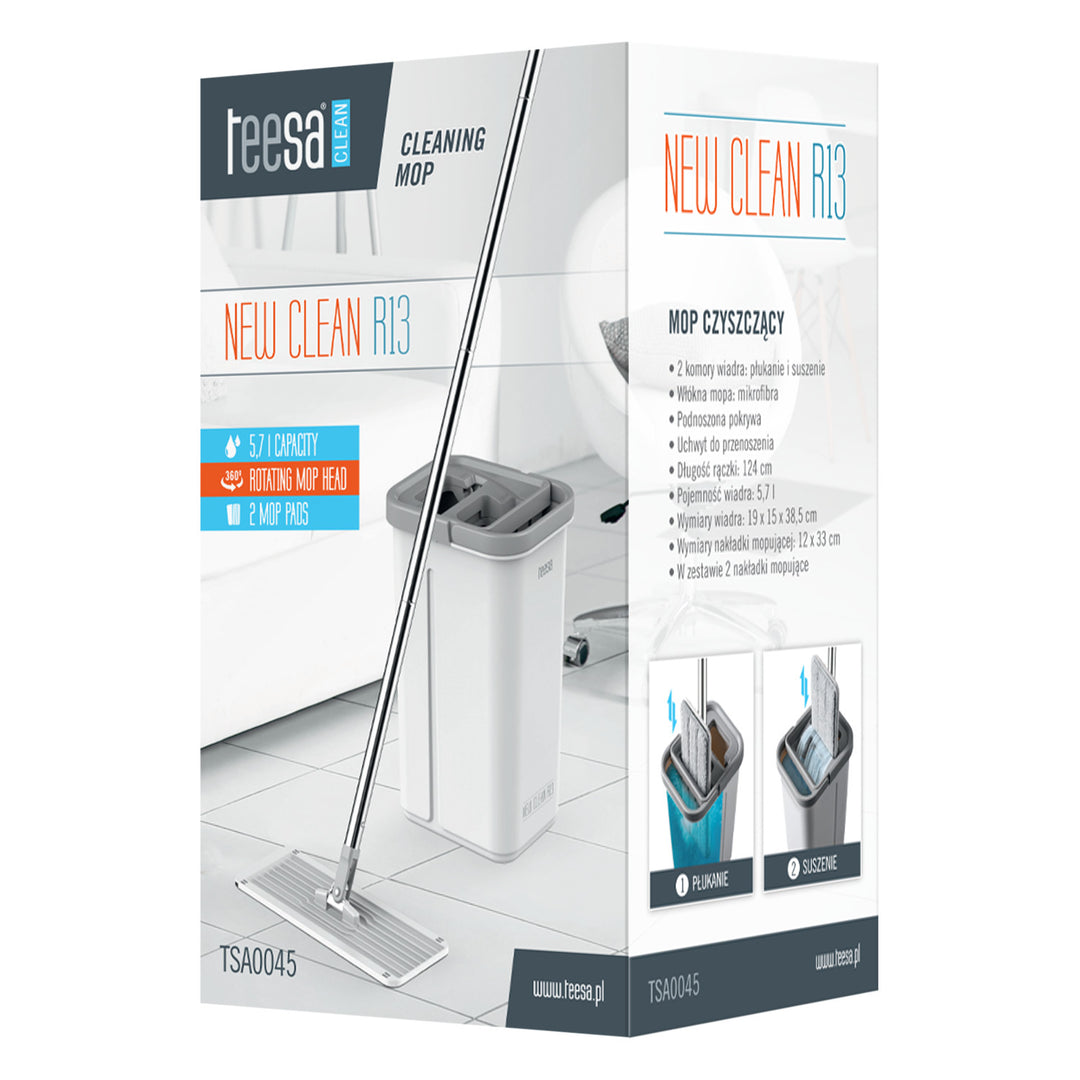 Teesa platte schoonmaakmop, emmer met twee compartimenten, inhoud 5,7 l, New Clean R13, Teesa
