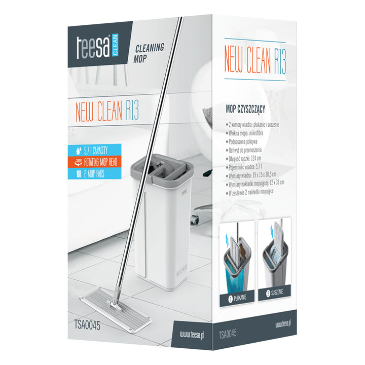 Teesa platte schoonmaakmop, emmer met twee compartimenten, inhoud 5,7 l, New Clean R13, Teesa