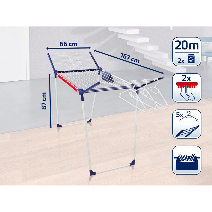 Pegasus 200 Solid Comfort droogrek van Leifheit, lengte van de lijnen 20 m, antislipvoetjes, weerbestendig, 2 wasknijpers, 81516