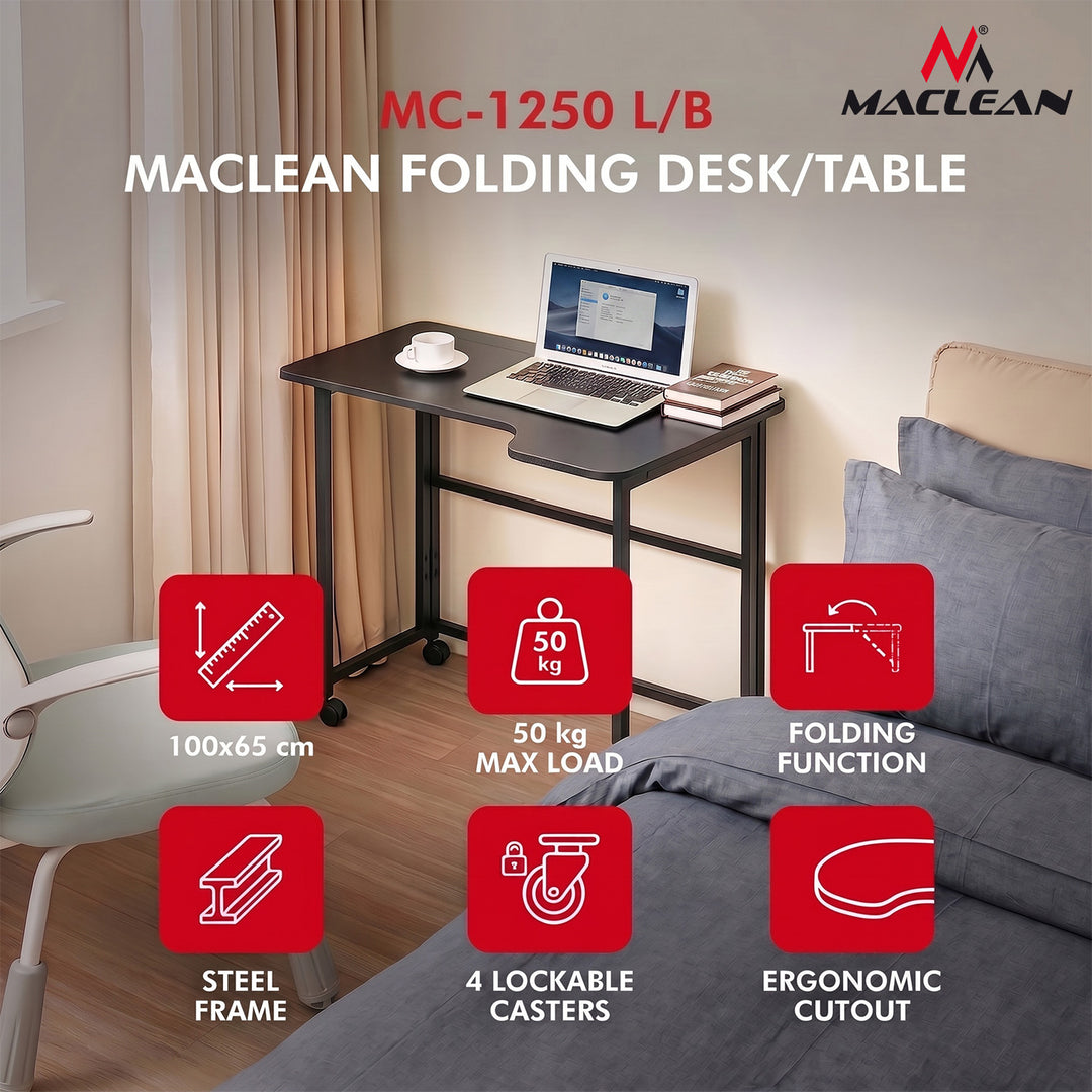 Opvouwbaar bureau Maclean, zwart, verplaatsbaar, 100 x 65 cm, max. 50 kg, hoekmodel, L-vorm, MC-1250 L/B