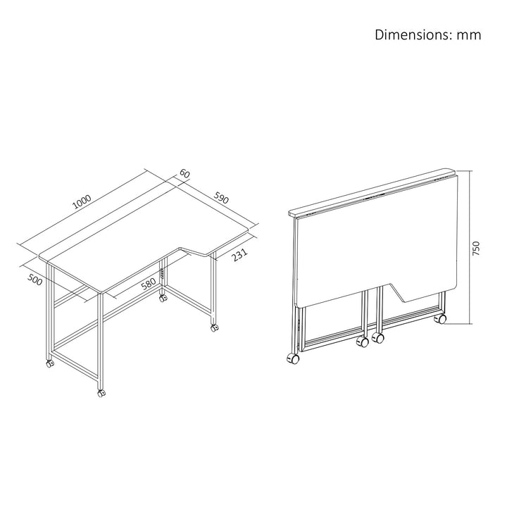 Opvouwbaar bureau Maclean, wit, verplaatsbaar, 100 x 65 cm, max. 50 kg, hoekmodel, L-vorm, MC-1250 L/W