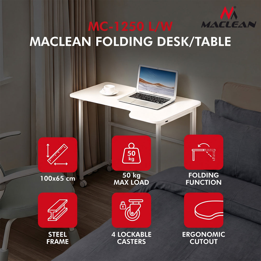 Opvouwbaar bureau Maclean, wit, verplaatsbaar, 100 x 65 cm, max. 50 kg, hoekmodel, L-vorm, MC-1250 L/W