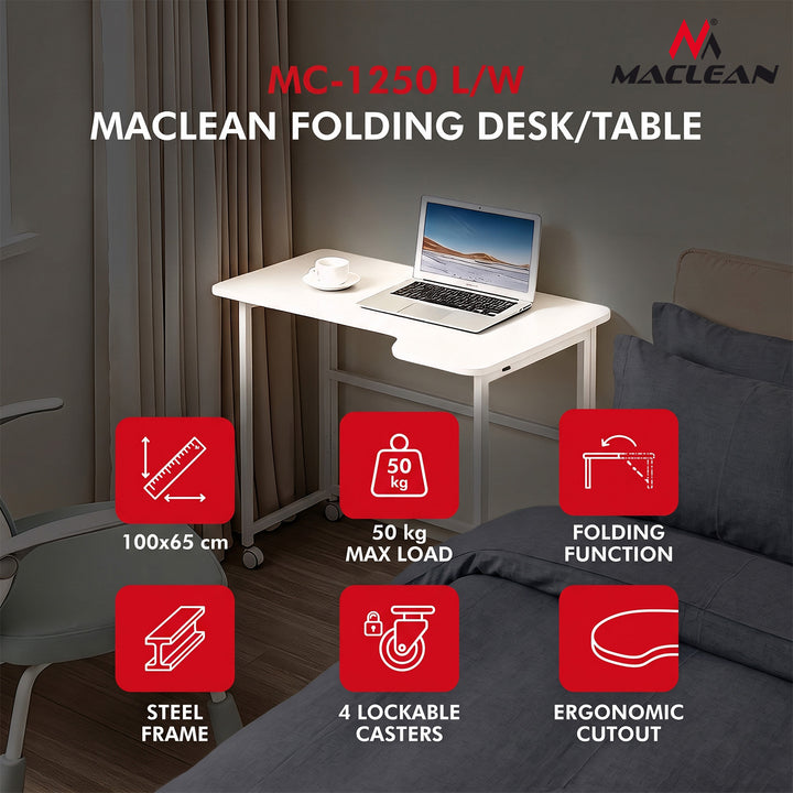 Opvouwbaar bureau Maclean, wit, verplaatsbaar, 100 x 65 cm, max. 50 kg, hoekmodel, L-vorm, MC-1250 L/W