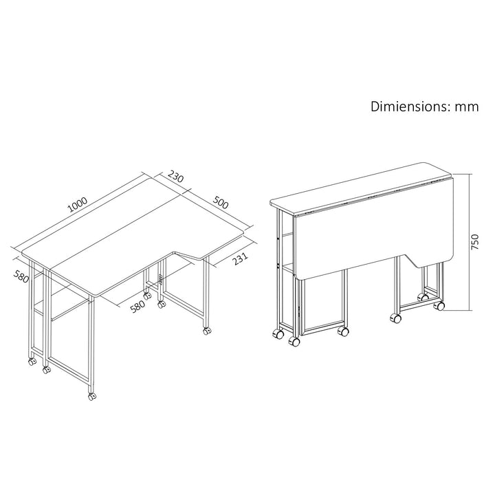 Opvouwbaar bureau / tafeltje Maclean, zwart, verplaatsbaar, 100 x 73 cm, max. 50 kg, hoekmodel, L-vorm, MC-126 L/B