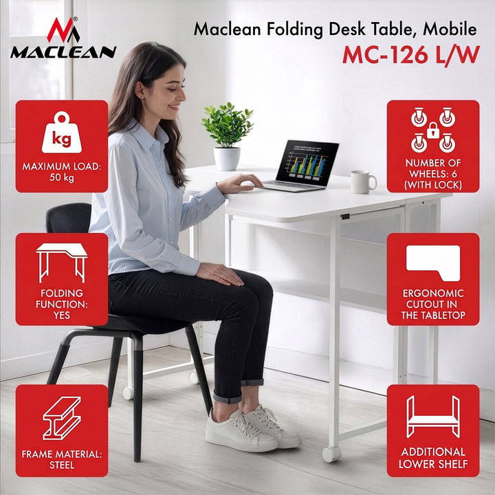 Opvouwbaar bureau / tafeltje Maclean, wit, verplaatsbaar, 100 x 73 cm, max. 50 kg, hoekmodel, L-vorm, MC-126 L/W