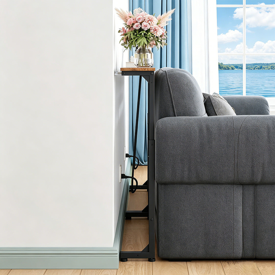 Maclean-console/tafeltje met oplaadstrip, zwart met rustiek tafelblad, in hoogte verstelbaar van 62 tot 83 cm, max. 25 kg, snoer van 2,5 m, MC-140 B