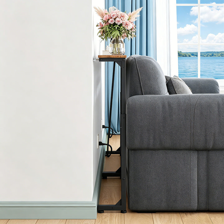 Maclean-console/tafeltje met oplaadstrip, zwart met rustiek tafelblad, in hoogte verstelbaar van 62 tot 83 cm, max. 25 kg, snoer van 2,5 m, MC-140 B