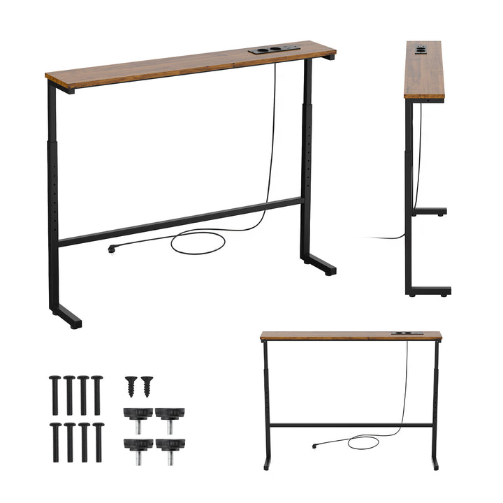 Maclean-console/tafeltje met oplaadstrip, zwart met rustiek tafelblad, in hoogte verstelbaar van 62 tot 83 cm, max. 25 kg, snoer van 2,5 m, MC-140 B
