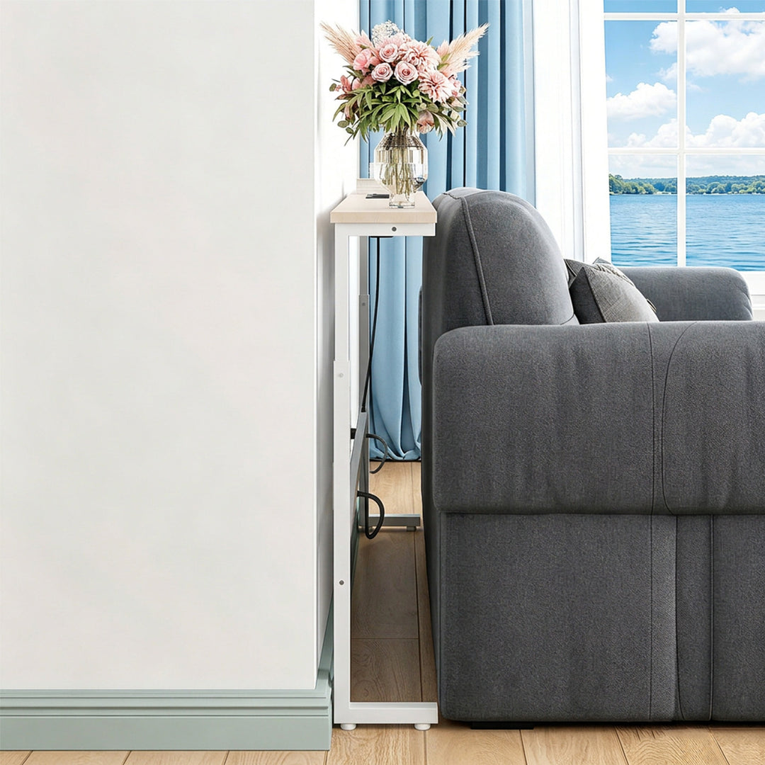 Maclean-console/tafeltje met oplaadstrip, wit met lichtgekleurd tafelblad, in hoogte verstelbaar van 62 tot 83 cm, max. 25 kg, snoer van 2,5 m, MC-140 W