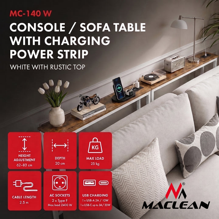 Maclean-console/tafeltje met oplaadstrip, wit met lichtgekleurd tafelblad, in hoogte verstelbaar van 62 tot 83 cm, max. 25 kg, snoer van 2,5 m, MC-140 W