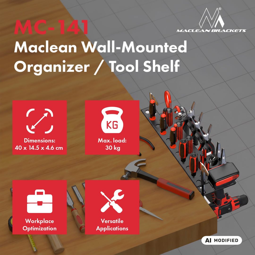 Maclean wandorganizer / gereedschapsrek, zwart, afmetingen 40 x 14,5 x 4,6 cm, max. 30 kg, MC-141