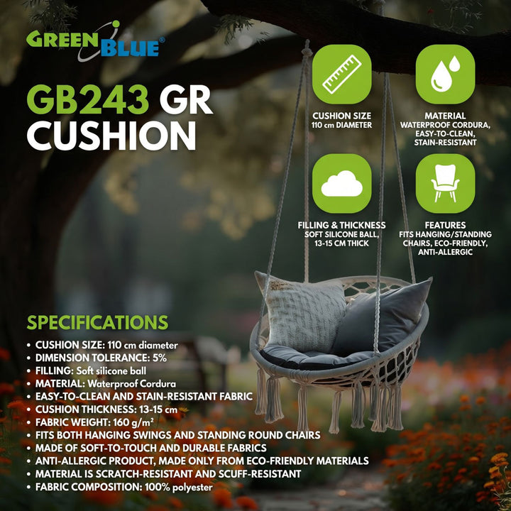 GreenBlue-kussen, grijs, voor in de tuin, ooievaarsnest, 110 cm, GB243 GR