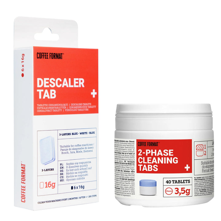 Set reinigingstabletten voor koffiemachines, 2-phase Cleaning TABS+ 40 x 3,5 g + ontkalkingstabletten voor koffiemachines, Descaler Tab+ 6 x 16 g