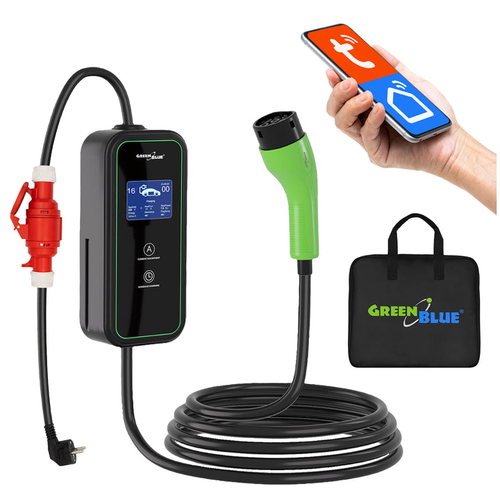 GreenBlue-oplader voor EV’s/PHEV’s, draagbaar, type 2, kabellengte 6,8 m, IP65, 11 kW, 220-380 V AC 50/60 Hz, 16 A, 3 fasen, GB1100