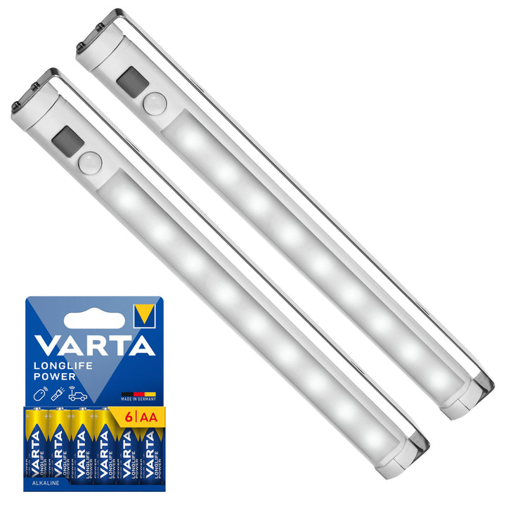 2x Maclean LED-keukenlamp, onderkastmodel met 9 SMD-lampjes, op batterijen, PIR-sensor aan/uit, MCE166 + 6x batterij R-06 R06 AA LR06 1,5 V VARTA Longlife Power