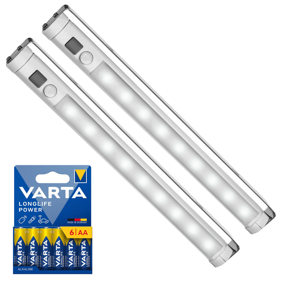 2x Maclean LED-keukenlamp, onderkastmodel met 9 SMD-lampjes, op batterijen, PIR-sensor aan/uit, MCE166 + 6x batterij R-06 R06 AA LR06 1,5 V VARTA Longlife Power