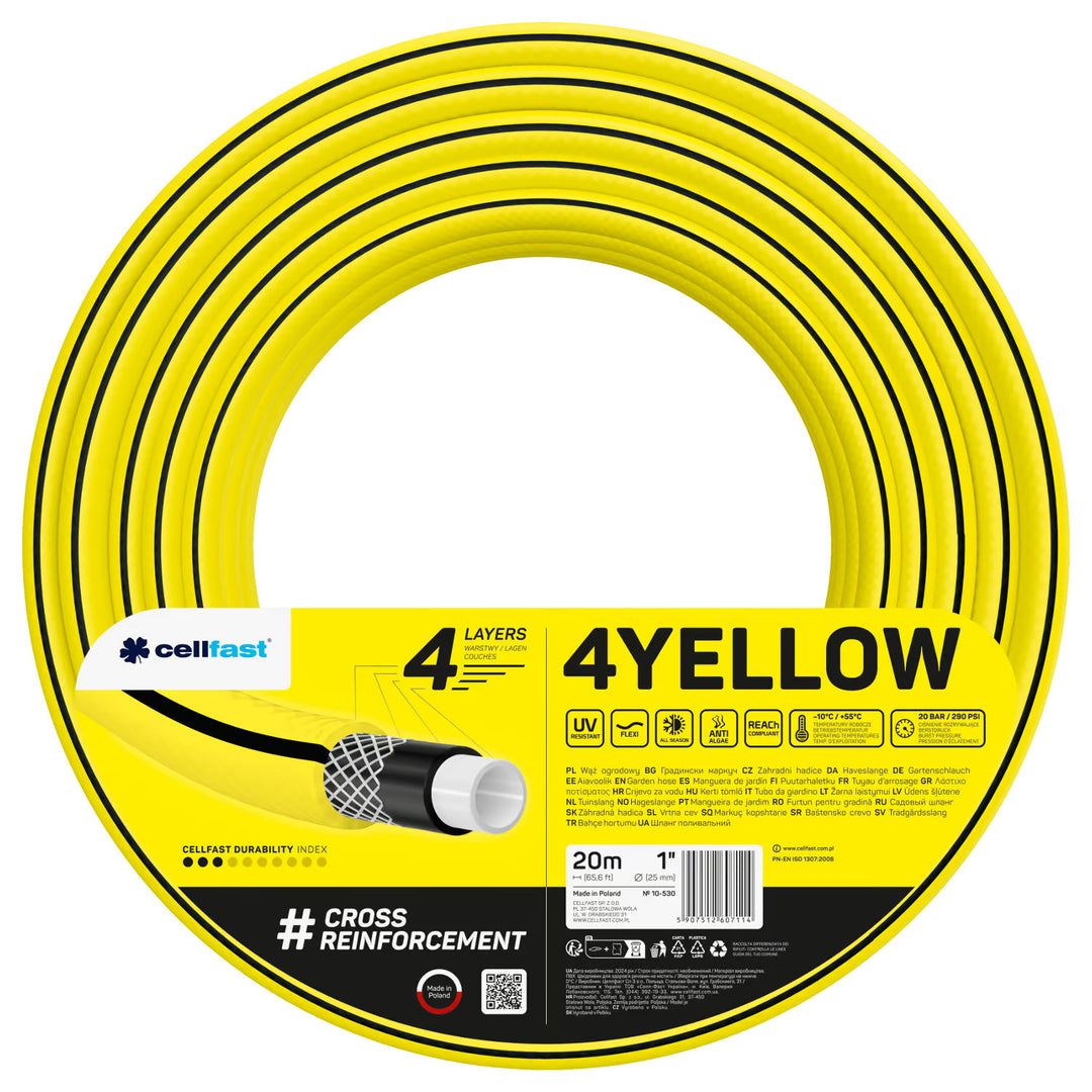 Cellfast-tuinslang, 4-laags, UV-bestendig, diameter 1 inch, lengte 20 m, 4YELLOW