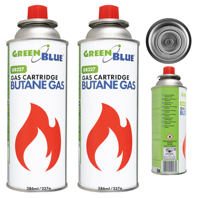 2x GreenBlue-gaspatroon van 227 g. Certificaat: Pi 0875, voldoet aan de norm EN 417, butaan, werkingsbereik -10 °C tot +40 °C, GB227