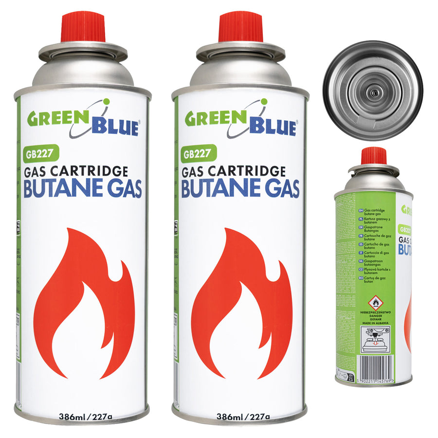 2x GreenBlue-gaspatroon van 227 g. Certificaat: Pi 0875, voldoet aan de norm EN 417, butaan, werkingsbereik -10 °C tot +40 °C, GB227