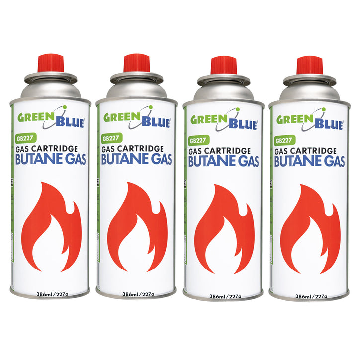 4 gaspatronen van 227 g van GreenBlue. Certificaat: Pi 0875, voldoet aan de norm EN417, butaan, gebruiksbereik -10 °C tot +40 °C, GB227