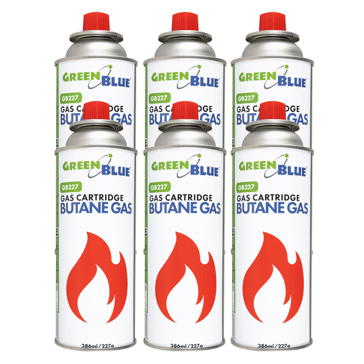 6 gaspatronen van 227 g van GreenBlue. Certificaat: Pi 0875, voldoet aan de norm EN 417, butaan, gebruiksbereik -10 °C tot +40 °C, GB227