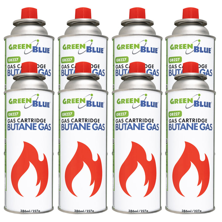 8 gaspatronen van 227 g van GreenBlue. Certificaat: Pi 0875, voldoet aan de norm EN 417, butaan, gebruiksbereik -10 °C tot +40 °C, GB227