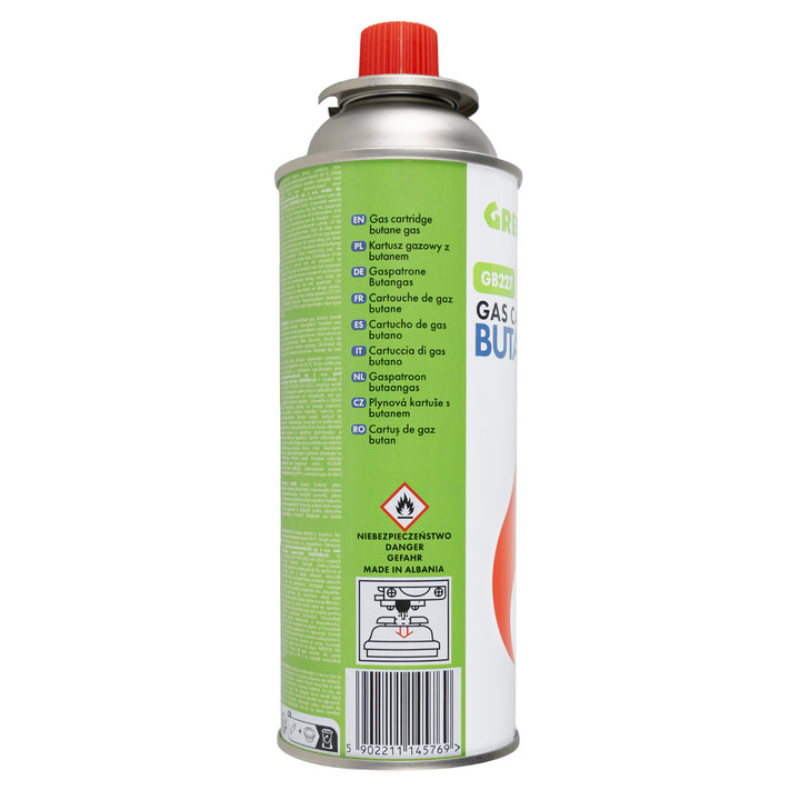 10 gaspatronen van 227 g van GreenBlue. Certificaat: Pi 0875, voldoet aan de norm EN417, butaan, gebruiksbereik -10 °C tot +40 °C, GB227