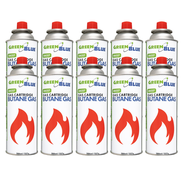 10 gaspatronen van 227 g van GreenBlue. Certificaat: Pi 0875, voldoet aan de norm EN417, butaan, gebruiksbereik -10 °C tot +40 °C, GB227