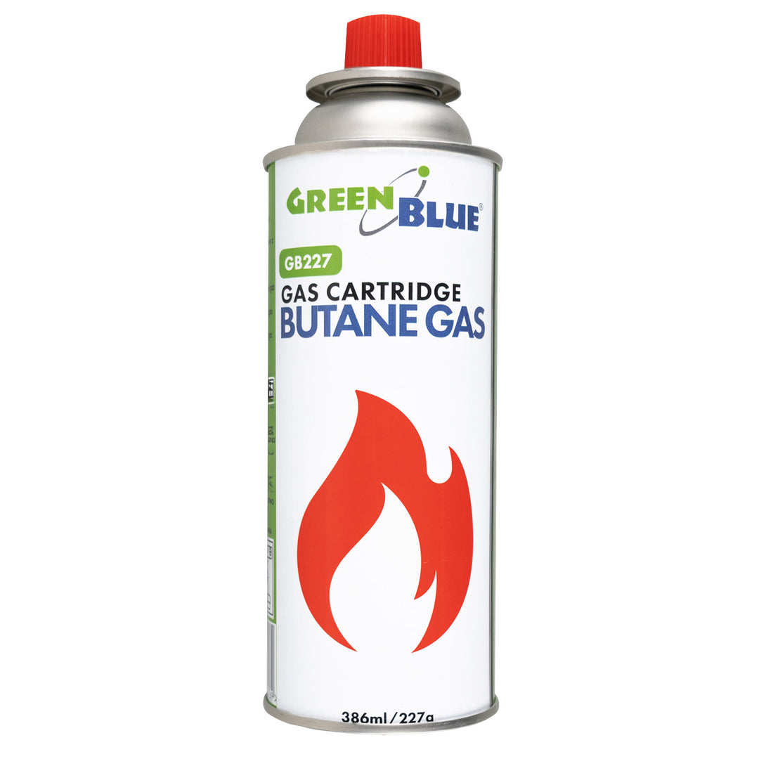 12 gaspatronen van 227 g van GreenBlue. Certificaat: Pi 0875, voldoet aan de norm EN 417, butaan, gebruiksbereik -10 °C tot +40 °C, GB227