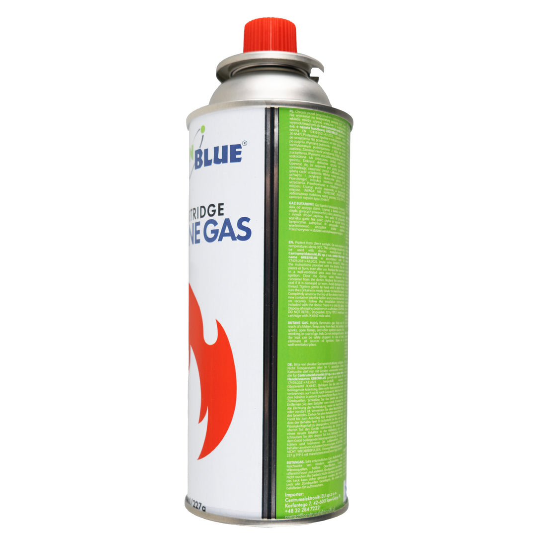 12 gaspatronen van 227 g van GreenBlue. Certificaat: Pi 0875, voldoet aan de norm EN 417, butaan, gebruiksbereik -10 °C tot +40 °C, GB227