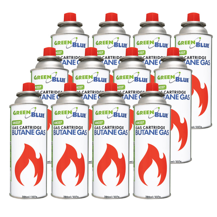 12 gaspatronen van 227 g van GreenBlue. Certificaat: Pi 0875, voldoet aan de norm EN 417, butaan, gebruiksbereik -10 °C tot +40 °C, GB227