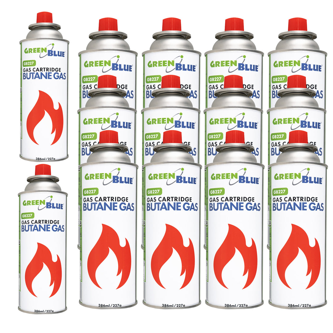 14 gaspatronen van 227 g van GreenBlue. Certificaat: Pi 0875, voldoet aan de norm EN417, butaan, gebruiksbereik -10 °C tot +40 °C, GB227