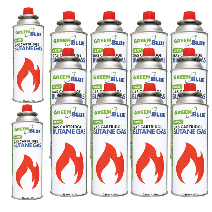 14 gaspatronen van 227 g van GreenBlue. Certificaat: Pi 0875, voldoet aan de norm EN417, butaan, gebruiksbereik -10 °C tot +40 °C, GB227