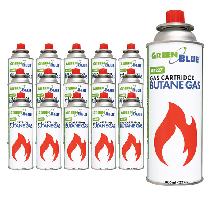 16 gaspatronen van 227 g van GreenBlue. Certificaat: Pi 0875, voldoet aan de norm EN417, butaan, gebruiksbereik -10 °C tot +40 °C, GB227