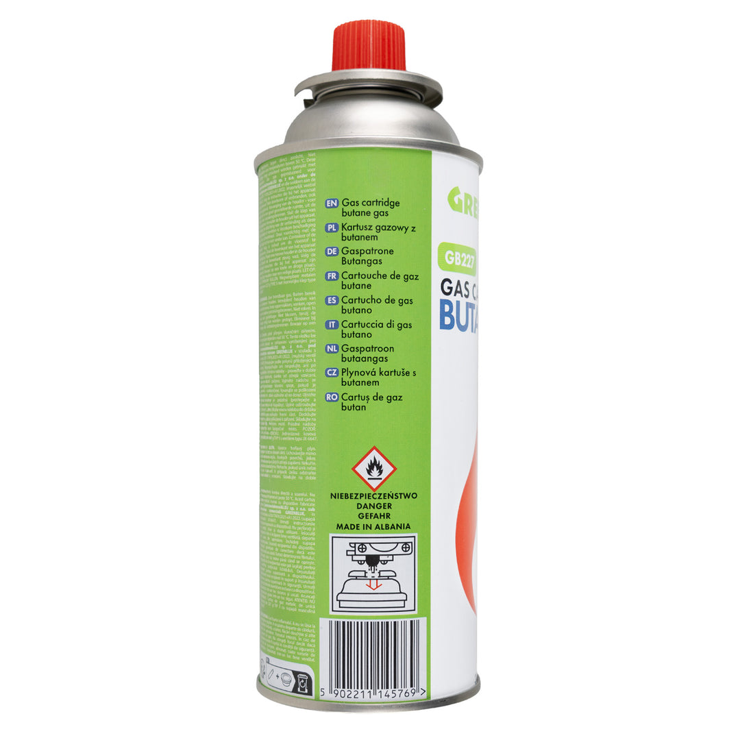18 gaspatronen van 227 g van GreenBlue. Certificaat: Pi 0875, voldoet aan de norm EN417, butaan, gebruiksbereik -10 °C tot +40 °C, GB227