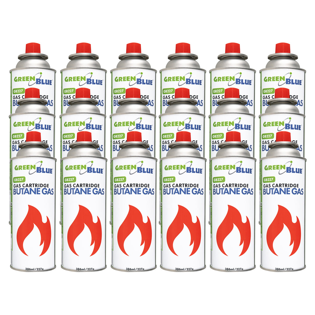 18 gaspatronen van 227 g van GreenBlue. Certificaat: Pi 0875, voldoet aan de norm EN417, butaan, gebruiksbereik -10 °C tot +40 °C, GB227