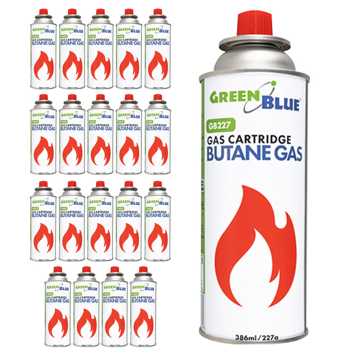 20 gaspatronen van 227 g van GreenBlue. Certificaat: Pi 0875, voldoet aan de norm EN417, butaan, gebruiksbereik -10 °C tot +40 °C, GB227