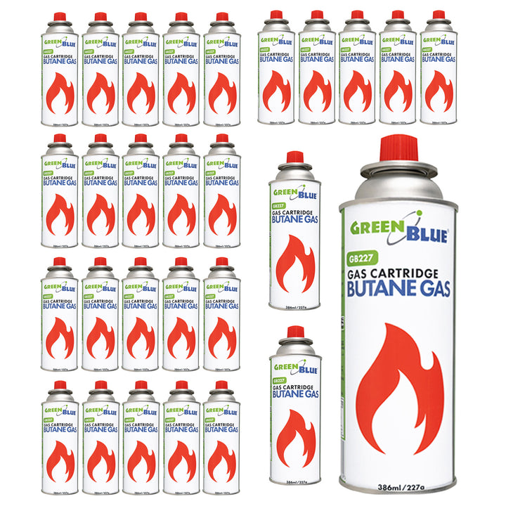 28 gaspatronen van 227 g van GreenBlue. Certificaat: Pi 0875, voldoet aan de norm EN 417, butaan, gebruiksbereik -10 °C tot +40 °C, GB227
