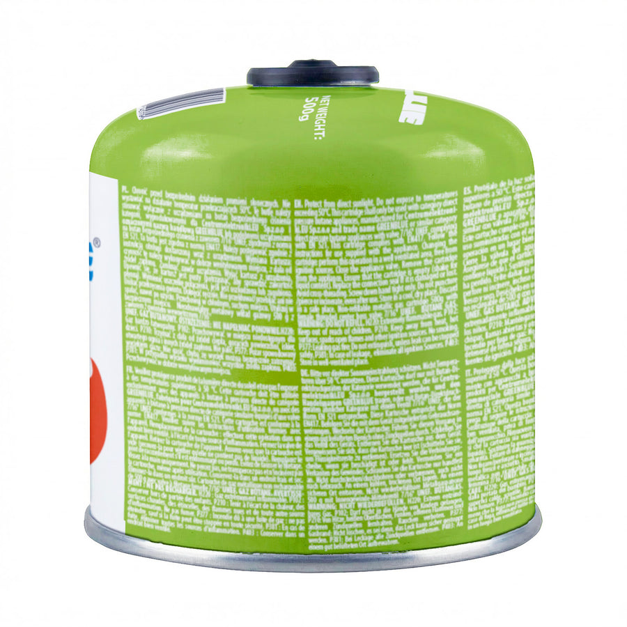 2x GreenBlue-gaspatronen van 500 g. Certificaat: Pi 0437, voldoet aan EN 417, butaan-propaan, temperatuurbereik -10 °C tot +40 °C, schroefdraadventiel 7/16'' GB499
