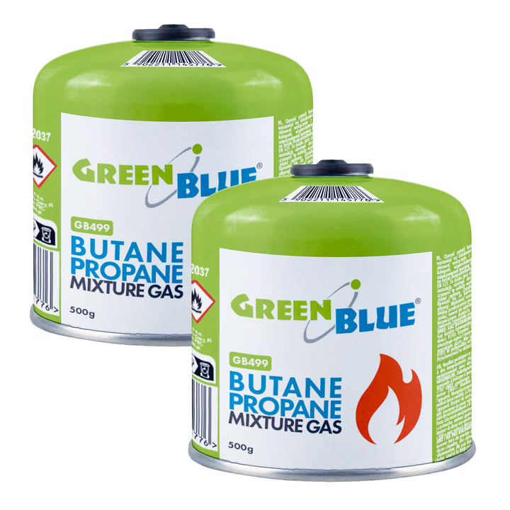 2x GreenBlue-gaspatronen van 500 g. Certificaat: Pi 0437, voldoet aan EN 417, butaan-propaan, temperatuurbereik -10 °C tot +40 °C, schroefdraadventiel 7/16'' GB499