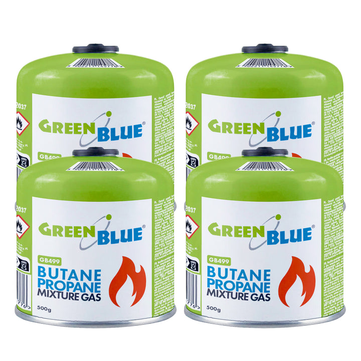 4 gaspatronen van 500 g van GreenBlue. Certificaat: Pi 0437, voldoet aan EN 417, butaan-propaan, temperatuurbereik -10 °C tot +40 °C, schroefdraadventiel 7/16'' GB499