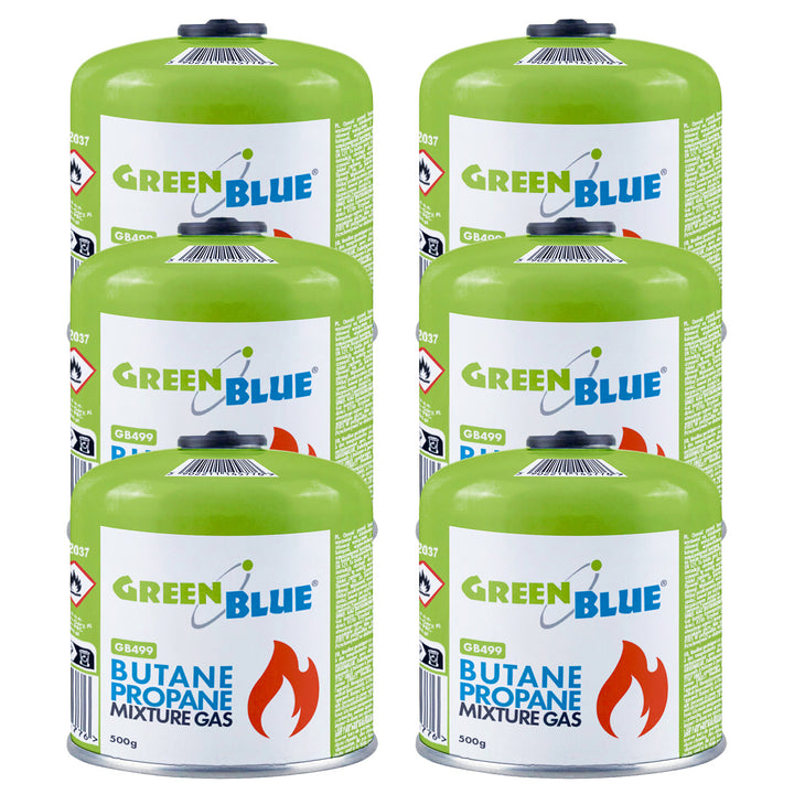 6 gaspatronen van 500 g GreenBlue. Certificaat: Pi 0437, voldoet aan EN 417, butaan-propaan, temperatuurbereik -10 °C tot +40 °C, schroefdraadventiel 7/16'' GB499