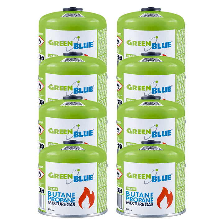 8 gaspatronen van 500 g van GreenBlue. Certificaat: Pi 0437, voldoet aan EN 417, butaan-propaan, temperatuurbereik -10 °C tot +40 °C, schroefdraadventiel 7/16'' GB499