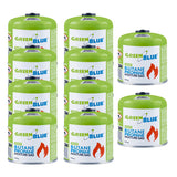 10 gaspatronen van 500 g van GreenBlue. Certificaat: Pi 0437, voldoet aan EN 417, butaan-propaan, temperatuurbereik -10 °C tot +40 °C, schroefdraadklep 7/16'' GB499